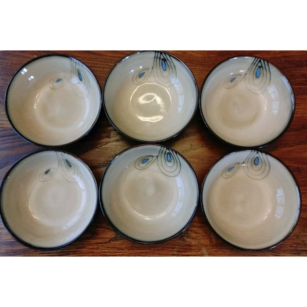 SET OF 2 ~ Pier 1 Reactive TEAL Peacock Stoneware Cereal/Soup Bowl Beige BLUE VG